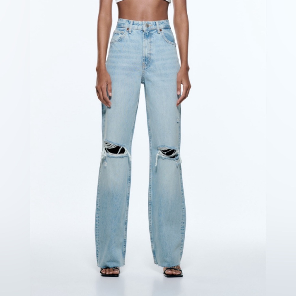 Zara High Waisted Wide Leg Ripped Jeans